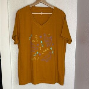 Wilfull Wear 2XL Mustard Chicken Floral V-Neck Tee Shirt Farmhouse Cottagecore